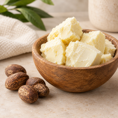 A small clear glass jar filled with white shea butter, photographed from above on a light beige fabric background.