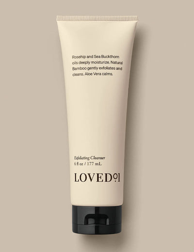 Product image with a tan background. The image shows the Exfoliating Cleanser.