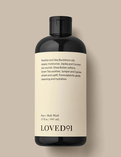Product image with a tan background. The image shows the Face + Body Wash..