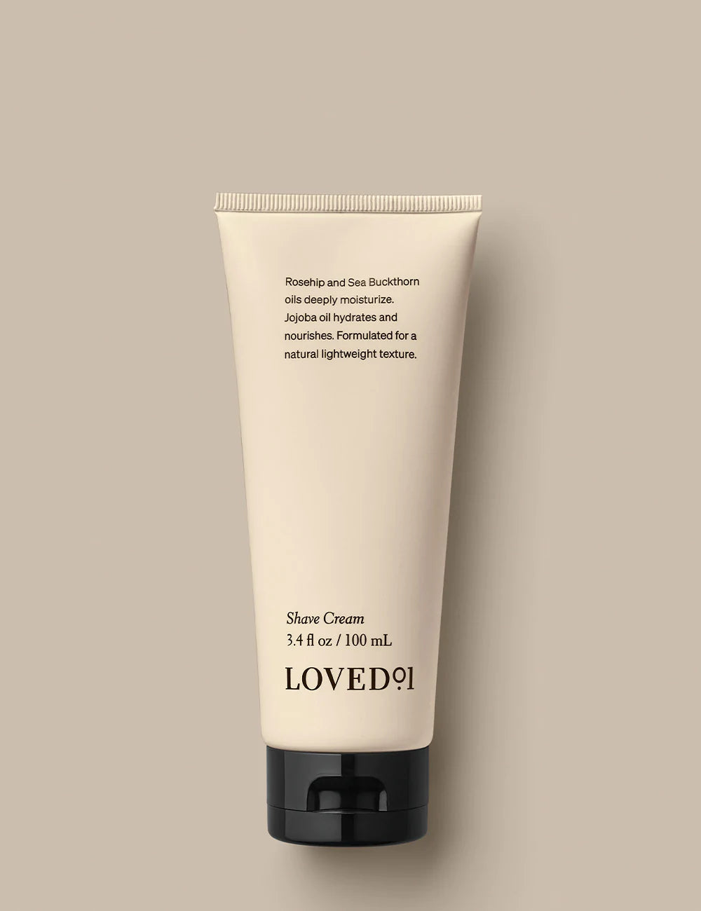 Product image with a tan background. The image shows the Shave Cream..